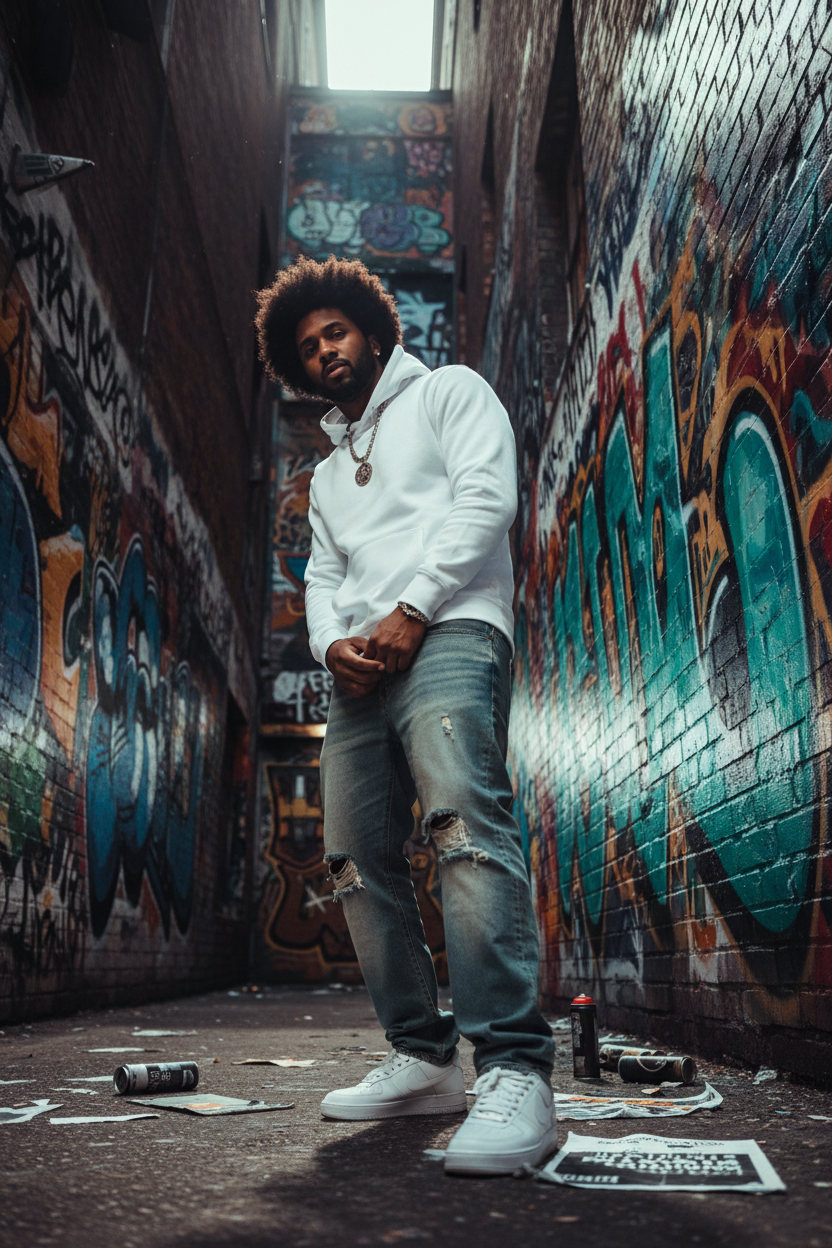 PRENDS LE HOODIE BLANC GENERE UNE HOMME AFRO PORTANT CA DANS UNE RUELLE AVEC UN STYLE STREET HIPHOP